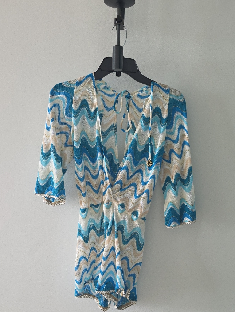 Luli Fama Blue and Cream Wavy Knit Romper with Gold Accents